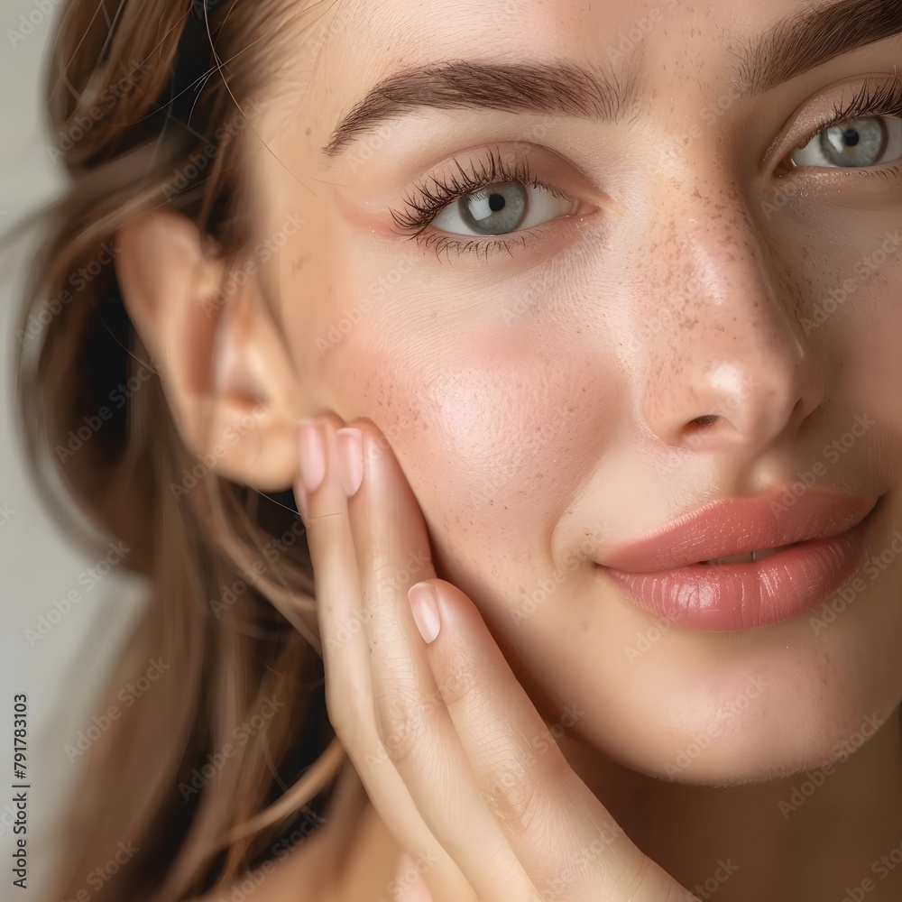 Woman with beautiful face touching healthy facial skin portrait Woman with beautiful face touching healthy facial skin portrait