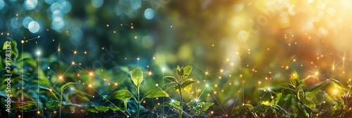 panorama small tree growing with sunrise. green world and earth day concept