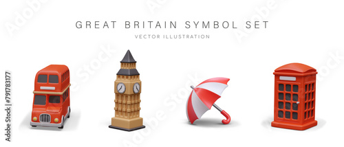 Realistic double decker bus, Big Ben, umbrella, red phone booth