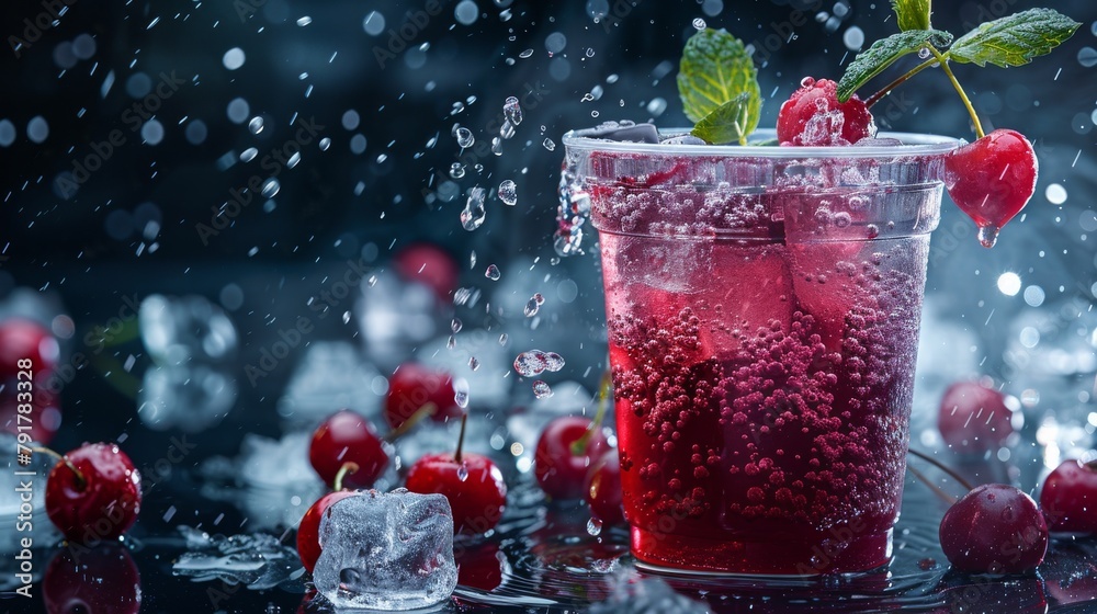 Sparkling Cherry Soda with Fresh Mint and Ice on Dark Background Sparkling Cherry Soda with Fresh Mint and Ice on Dark Background