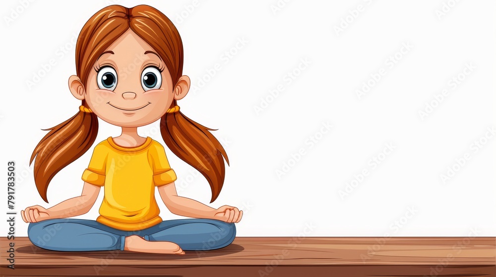 Cartoon girl sitting in lotus pose on wooden floor illustration. Digital art for children's yoga and mindfulness concepts with copy space. Cartoon girl sitting in lotus pose on wooden floor illustration. Digital art for children's yoga and mindfulness concepts with copy space.
