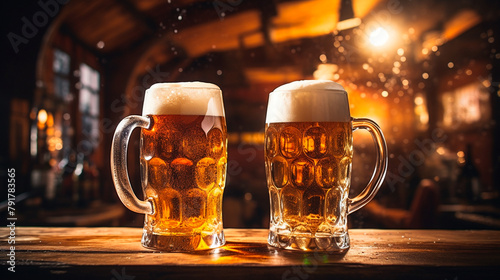 glasses of beer on wooden table