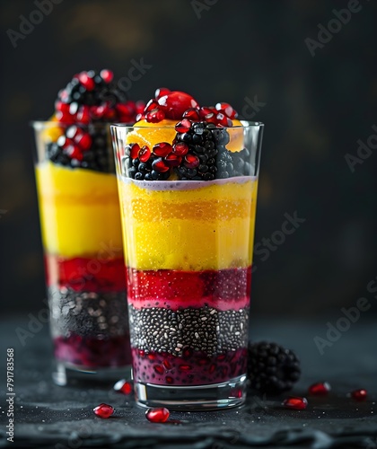 colorful layered chia seed pudding in a glass, healthy food concept, super food, fruit and berry dessert, vegan breakfast snack, low-calorie food