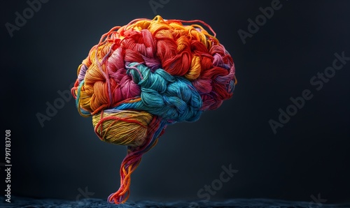 Human brain made of multi-colored tangled threads on blue background, banner with copy space, concept of neurodiversity and mental problems