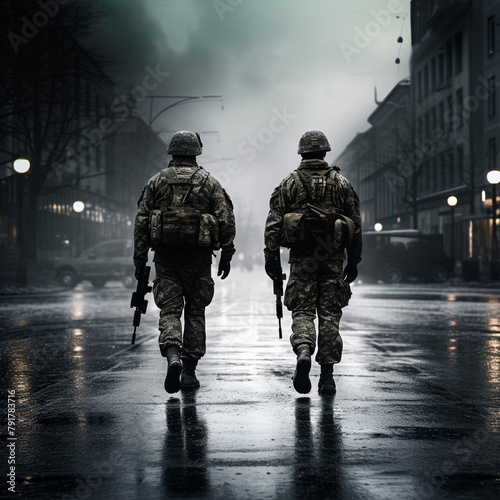 soldiers in uniform walking with military rifle on city street, military operation