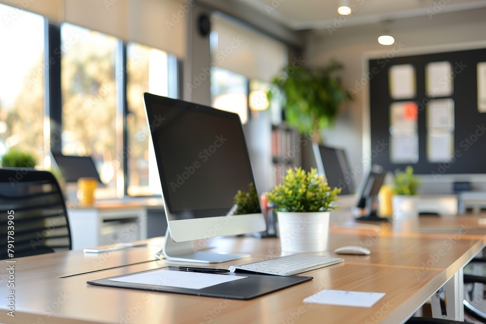 A bright and modern office environment with desktop computers, each workstation neatly arranged for an efficient work day. A bright and modern office environment with desktop computers, each workstation neatly arranged for an efficient work day.