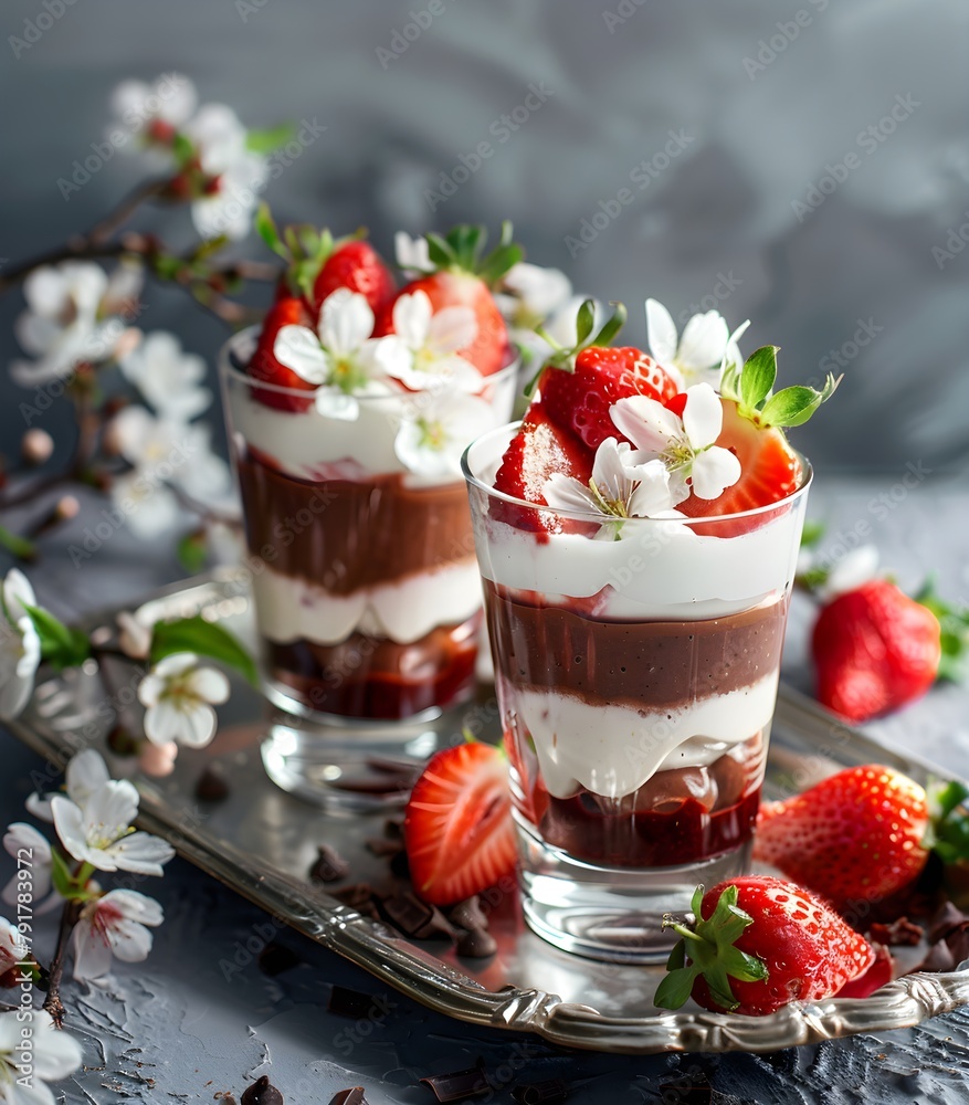 chocolate mousse with cream and strawberries, pudding in a glass, healthy food concept, fruit and berry dessert, vegan breakfast snack, low-calorie food, cherry blossom branches chocolate mousse with cream and strawberries, pudding in a glass, healthy food concept, fruit and berry dessert, vegan breakfast snack, low-calorie food, cherry blossom branches