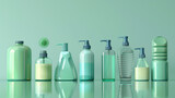  a lineup of shampoo bottles in various sizes and shapes, arranged on a reflective surface to showcase their versatility and functionality, each bottle devoid of logos, allowing their design to speak 