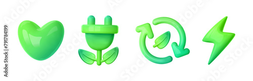 Green energy 3d icon. Green heart, arrows recycle symbol, lightning bolt , electric charge plug. Renewable sources concept, reuse, refresh, sustainable energy, saving green planet. Vector illustration