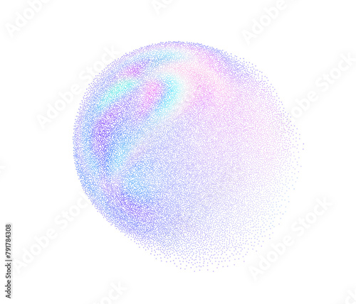 Circle pearlescent 3d texture isolated shape. Geometric holographic abstract figure with noise hologram gradient dots. Grain pink blue fantasy planet gradation effect. Vector abstract illustration