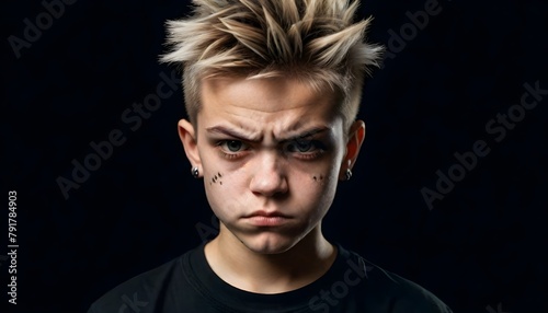 spoilt brat teenager punk rebel frowning attitude angry face front on symmetrical photo realistic black background