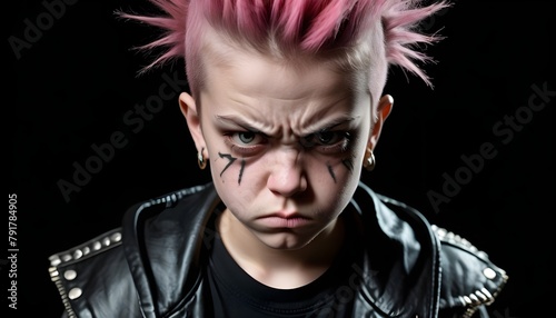 spoilt brat teenager punk rebel frowning attitude angry face front on symmetrical photo realistic black background