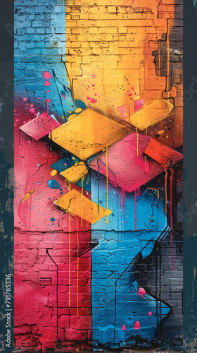 Abstract graffiti pattern on a brick wall in pink, blue and yellow colors.