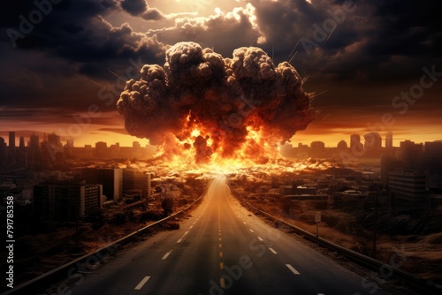 Explosion of an atomic bomb. Blast wave, Destroyed city. Apocalypse
