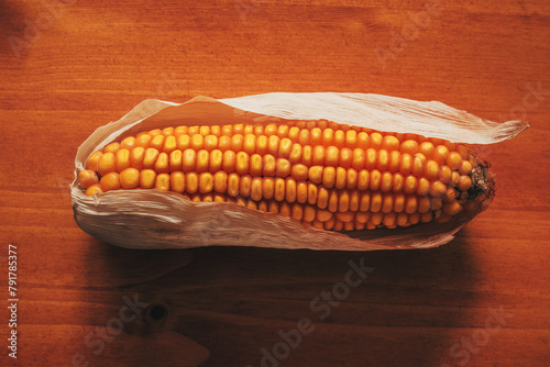 Harvested corn on the cob on wooden table