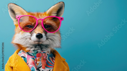 Funny fox wearing pink sunglasses and yellow knit jacket or jumper on blue background, creative photo. photo