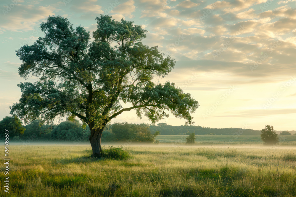 Countryside landscape, tree standing in the field.