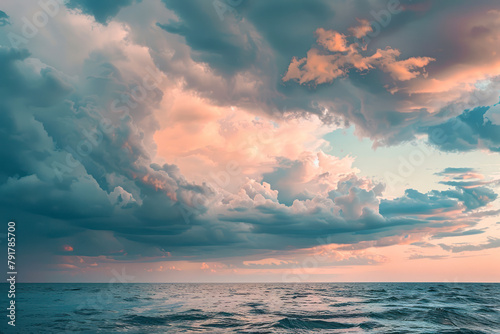 Evening sky with dramatic clouds over the sea. Dramatic sunset over the sea.