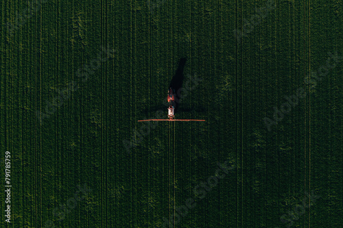 Agricultural tractor with crop sprayer applying fungicide treatment on wheat crops in spring, aerial view from drone pov
