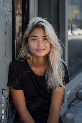 portrait d'une jeune fille asiatique avec les cheveux blond décolorés