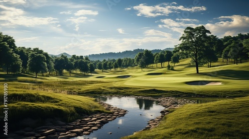 Beautiful golf course with green grass, blue sky and clouds.Golf course with green grass and blue sky. Vintage style.