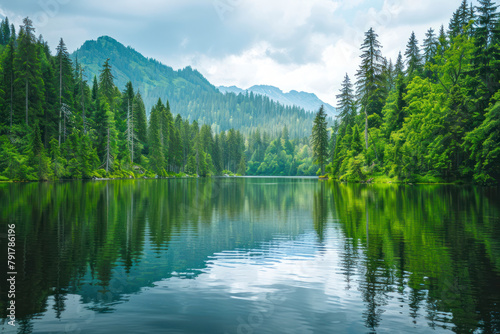 Green summer forest with spruce and pine trees mountain, lake, river. © Hunman