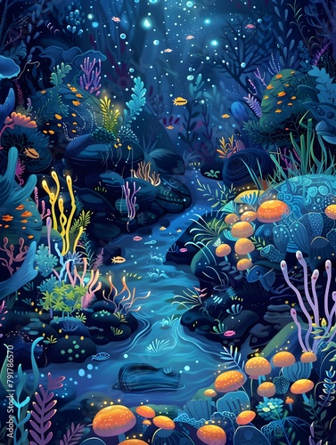 Surreal Underwater World of Bioluminescent Creatures in D Style