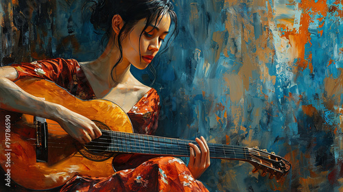 Artistic Portrait Oil Painting Liquid Art of A Beautiful Woman Guitar Player Playing A Guitar
