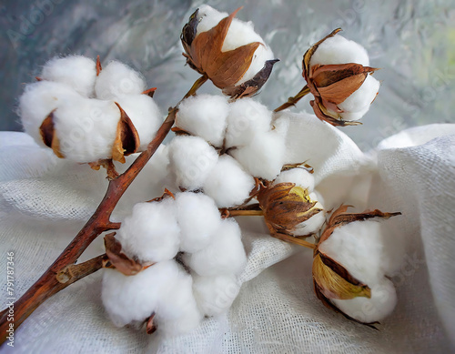 Cotton flowers on a white cloth. Selective focus. nature. photo