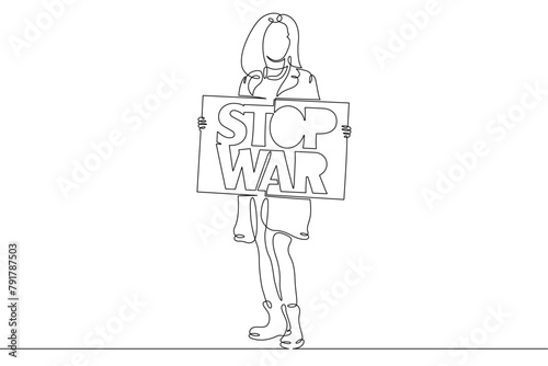 One continuous line.A protesting demonstrator stands with a banner. Banner STOP WAR. Anti-war action. Continuous line drawing.Line Art isolated white background.