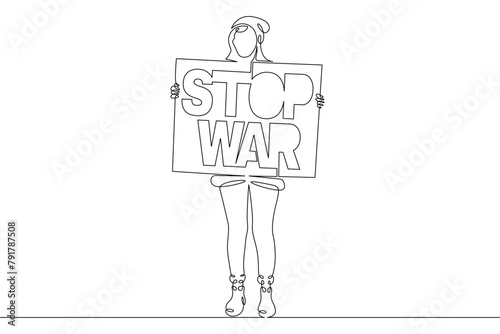One continuous line.A protesting demonstrator stands with a banner. Banner STOP WAR. Anti-war action. Continuous line drawing.Line Art isolated white background.