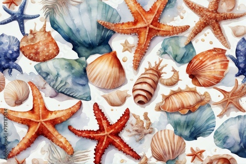 'seahorse crabs background hand drawing shells watercolor isolated starfish pearl crab shell sea seashell beach collection white nature marin mollusc set ocean animal group star snail summer clam' photo