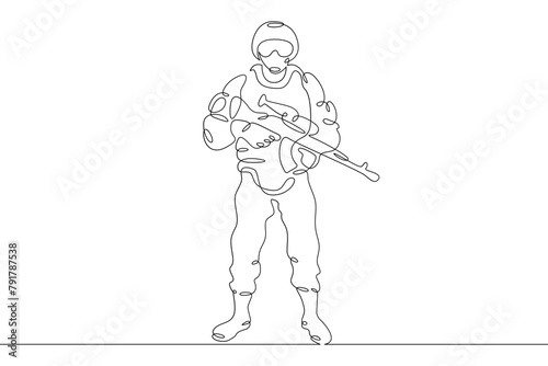 One continuous line.Warrior on the attack. Modern  military man in combat gear. Soldier with weapons and helmet.Continuous line drawing.Line Art isolated white background.