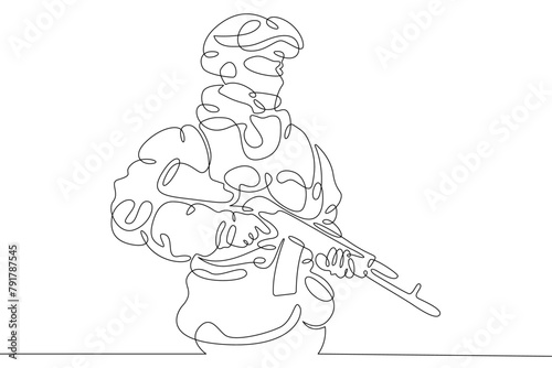 One continuous line.Warrior on the attack. Modern military man in combat gear. Soldier with weapons and helmet.Continuous line drawing.Line Art isolated white background.