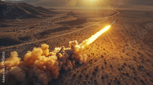 Missile launch at sunset in desert terrain photo