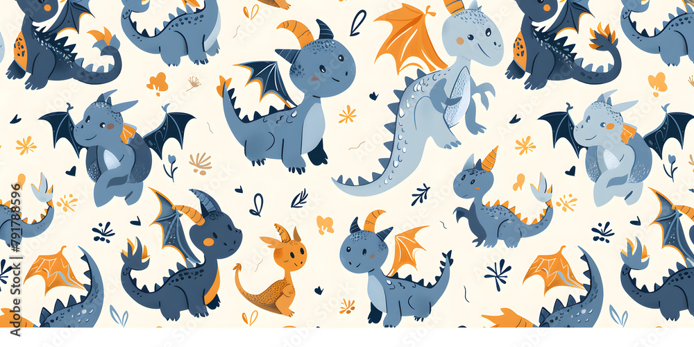 seamless pattern of childlike colorful dragons