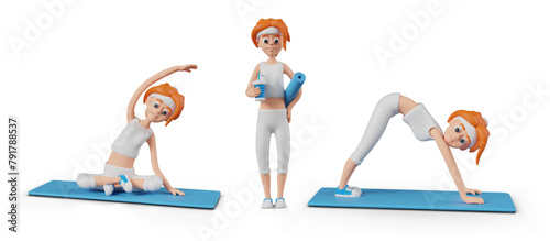 Vector sportswoman in different poses. Female character in sportswear
