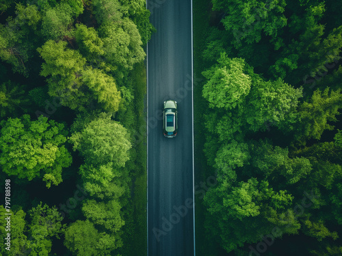 Aerial Photo: Dark Road in the Forest with Car Driving