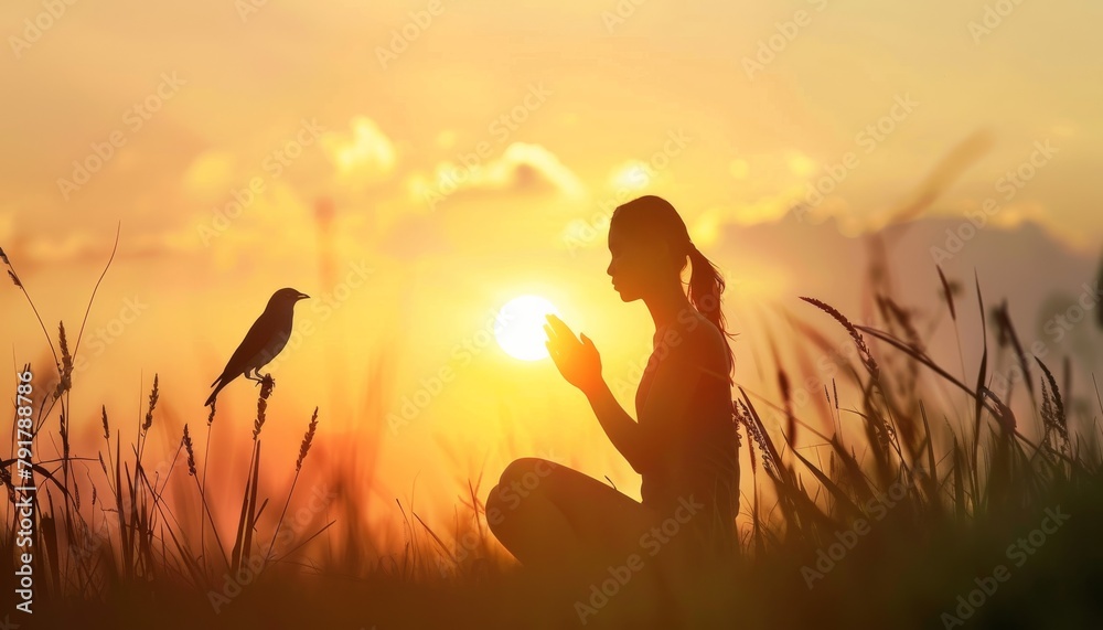 Woman praying and free bird enjoying nature on sunset background, hope concept Human hands open palm up worship. Eucharist Therapy Bless God Helping Repent Catholic Easter Lent Mind Pray. Christian 