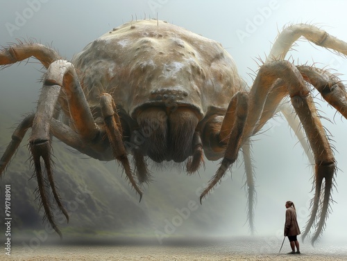 A giant spider is walking towards a person. The spider is huge and has many legs. Scene is scary and tense