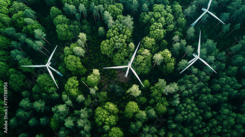Germany and Europe - Aerial View Of Wind Turbines Above Dense Green Forest: Renewable Energy Infrastructure Integrated With Forest Canopy In Summer Landscape Seen From Above