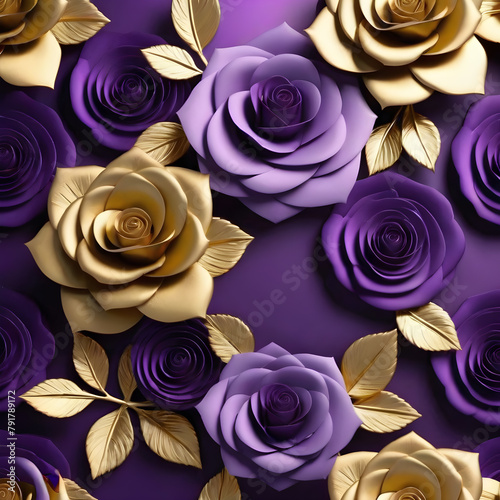 purple and yellow roses with gold leaves on purple background