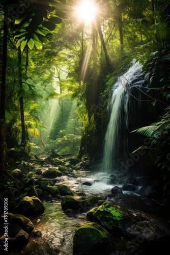 Sunlit tropical rainforest with waterfall and greenery