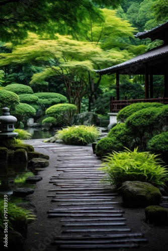 Zen garden with raked sand and bridge over pond