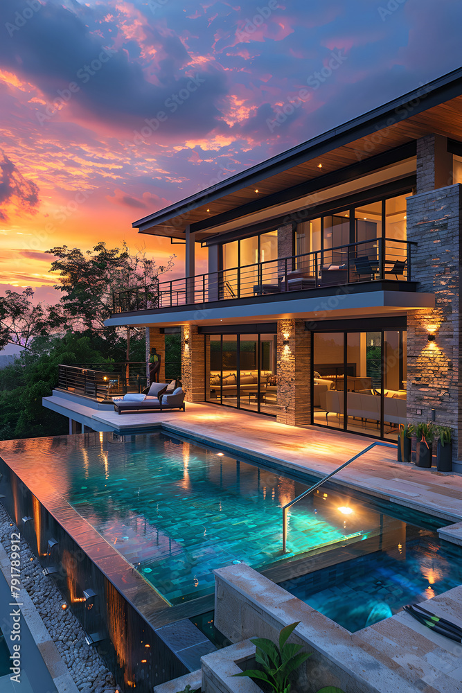 Golden Sunset Over a Contemporary Home with Infinity Pool, Generative AI