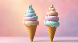 Colorful ice cream in waffle cones.