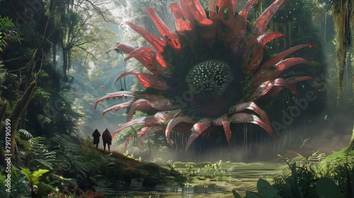 adventurers stumble upon a clearing dominated by a colossal man-eating flower, its petals dripping with a toxic allure. photo