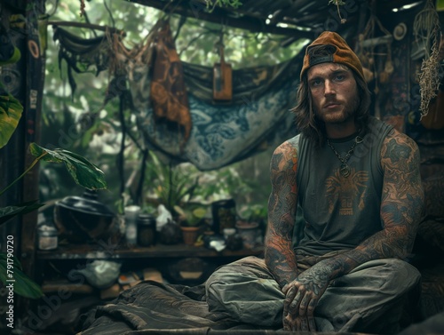 A man with tattoos on his arms sits on a bed in a jungle setting. He is wearing a hat and a shirt with a logo on it