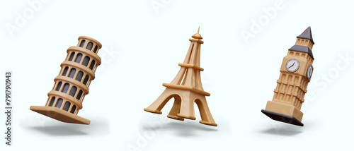 Leaning Tower of Pisa, Eiffel Tower, Big Ben in tilted position. Realistic vector objects