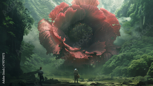 adventurers stumble upon a clearing dominated by a colossal man-eating flower, its petals dripping with a toxic allure. photo